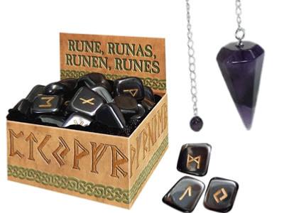 Esotérisme Lot d'un Pendule Cône Améthyste et Runes Hématite