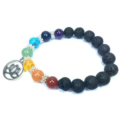 Bracelet Pierre de Lave 7 Chakras en Pierre Boule de 8 mm et Fleur de Lotus