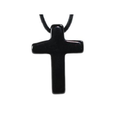 Pendentif Croix Latine en Agate Noire - 25x18 mm - sans métal