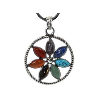 Pendentif Fleur Cercle 7 Chakras Montage Argenté