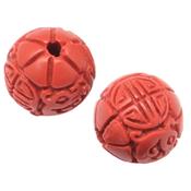 Cinabre Rouge Vermillon Perle Ronde Sculptée Percée 8 mm (Sachet de 2 perles)