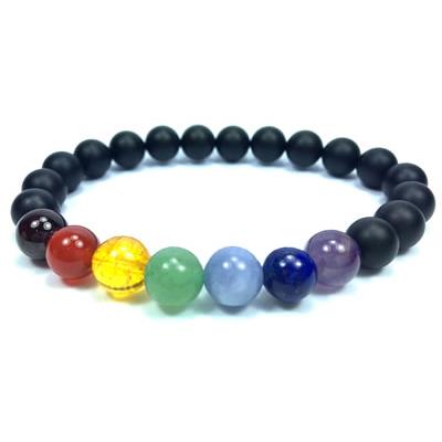 Bracelet Agate Noire Mate 7 Chakras en Pierre Boule de 8 mm