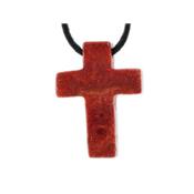 Pendentif Croix Latine en Corail Rouge - 25x18 mm
