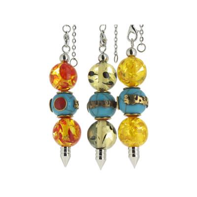 Pendule Tibétain 1 Perle Artisanale Turquoise et 2 Perles en Résine colorée