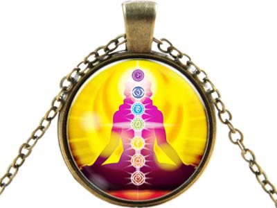 Bijou Médaillon Jaune Bouddha Kundalini-Yogi avec Chaîne antique