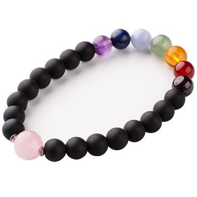 Bracelet Agate Noire Mate 7 Chakras et Quartz Rose Perles de 8 mm