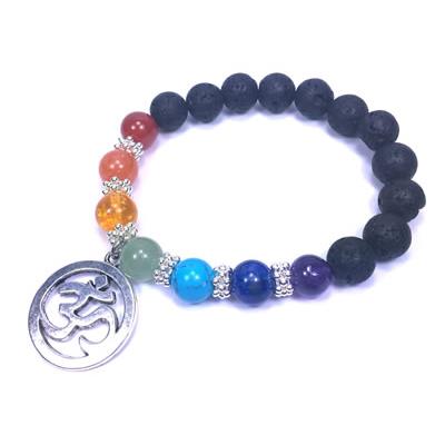 Bracelet Pierre de Lave 7 Chakras en Pierre Boule de 8 mm et Symbole Aum