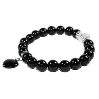 Bracelet en Agate Noire - Pierres Boules de 8 mm et Coeur 12 mm