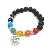 Bracelet Pierre de Lave 7 Chakras en Pierre Boule de 8 mm et Pentagramme