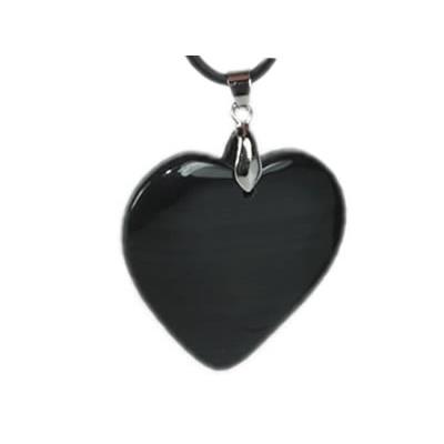 Pendentif Coeur en Agate Noire ou Onyx Noir (4 cm Bélière Argentée)
