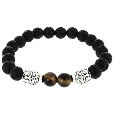 Bracelet Taktshang en Perles de Pierre de Lave et d'Oeil de Tigre avec Bouddhas en métal argenté - Collection artisanale Wing Chun