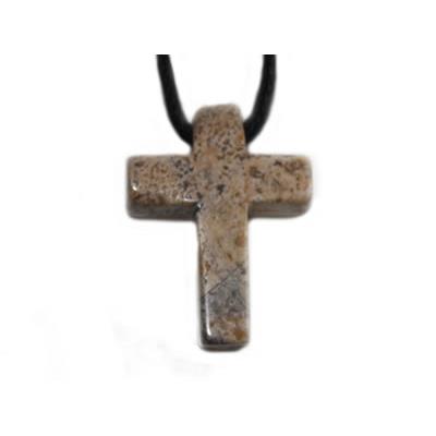 Pendentif Croix Latine en Jaspe Paysage - 25x18 mm - sans métal