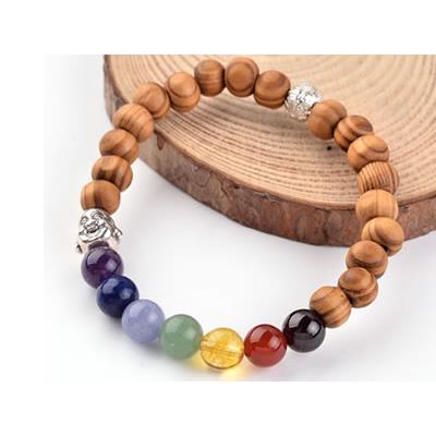 Bracelet 7 Chakras en Pierre et en Bois Boule de 8 mm et Tête de Bouddha