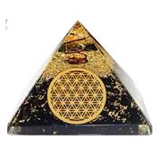 Pyramide en Orgonite Tourmaline Noire Fleur de Vie et pointe de Cristal de Roche