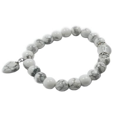 Bracelet en Howlite Blanche - Pierres Boules de 8 mm et Coeur 12 mm