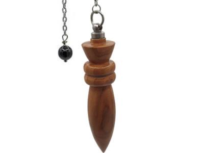 Pendule Artisanal Djed de Radiesthésie en bois d'Olivier et chaînette en métal argenté - Pièce unique numéro PRBOLIVIER-002