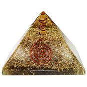 Pyramide en Orgonite Or et pointe de Cristal de Roche