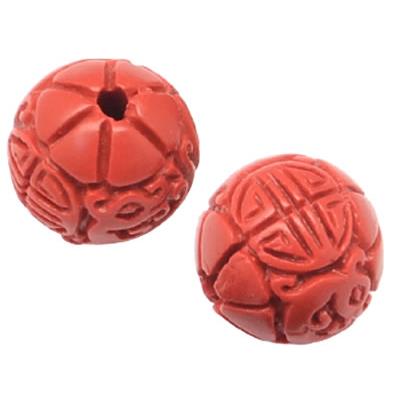 Cinabre Rouge Vermillon Perle Ronde Sculptée Percée 8 mm (Sachet de 2 perles)