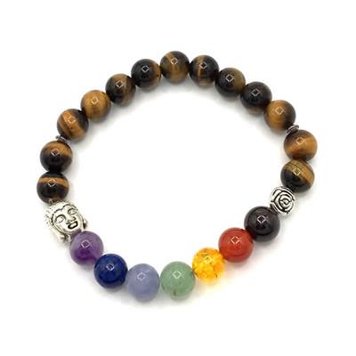 Bracelet 7 Chakras Perles 8mm Oeil de Tigre Bouddha