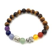 Bracelet 7 Chakras Perles 8mm Oeil de Tigre Bouddha Eléphant