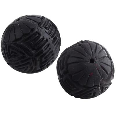 Cinabre Noir Perle Ronde Sculptée Percée 16 x 15 mm (Sachet d'une perle)