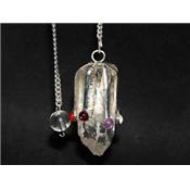 Pendule Cône en Cristal de Roche brut et cabochons 7 Chakras