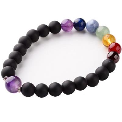 Bracelet Agate Noire Mate 7 Chakras et Améthyste Perles de 8 mm