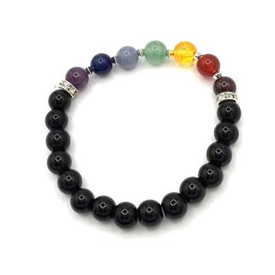 Bracelet Agate Noire 7 Chakras en Pierre Boule de 8 mm