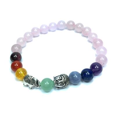 Bracelet Quartz Rose 7 Chakras en Pierre Boule de 8 mm et intercalaires